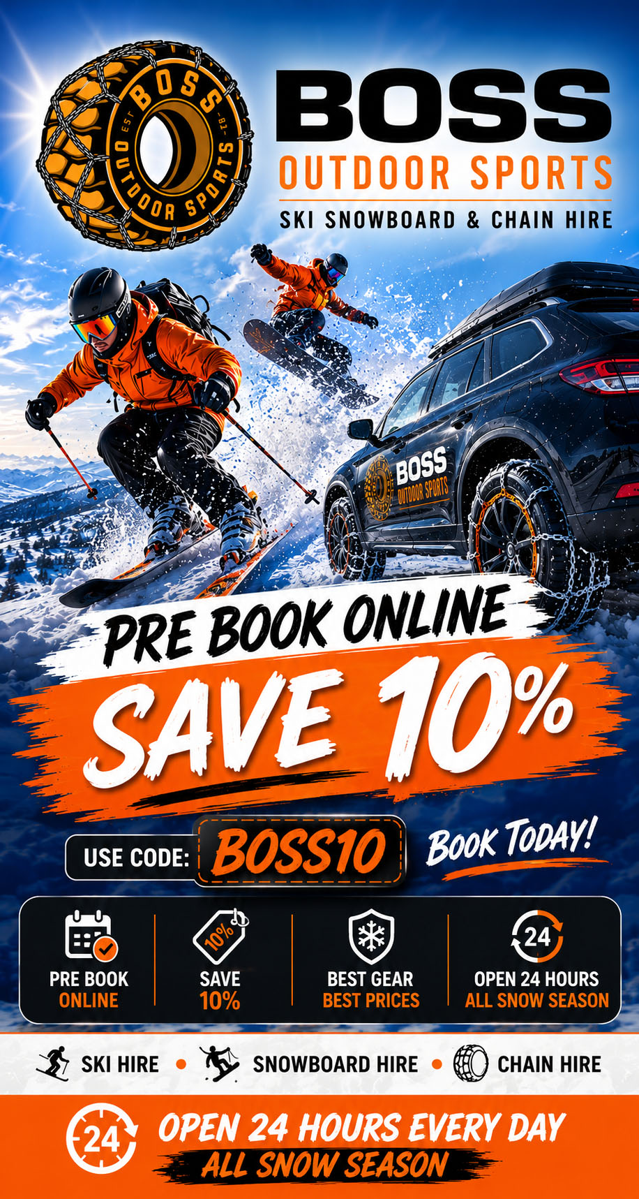 Book your ski snowboard and chain hire now and save 