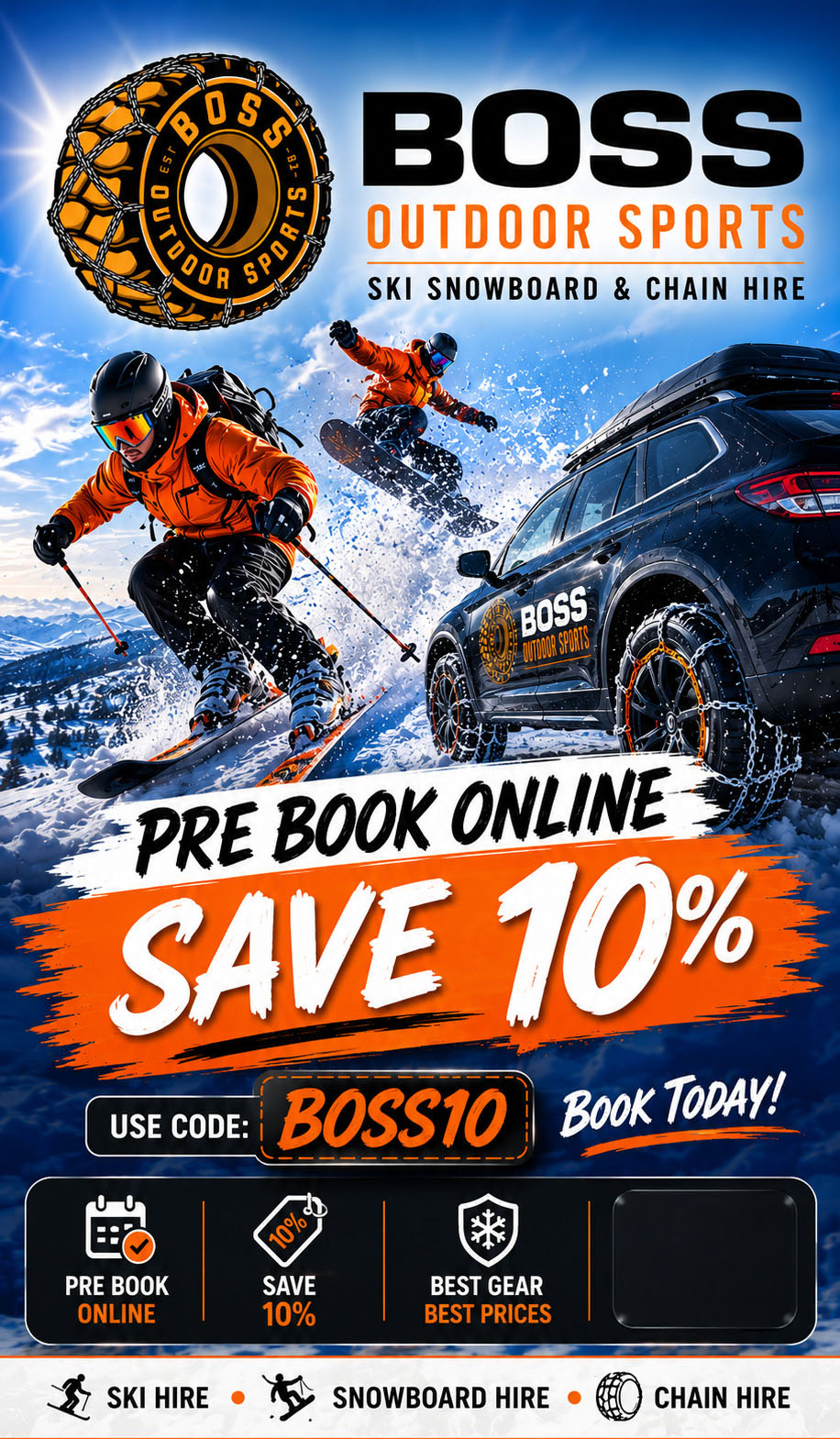 Book your ski snowboard and chain hire now and save 